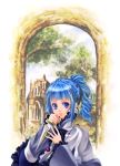  blue_eyes blue_hair bow curly_hair dagger jewelry mytholo necklace payot ponytail ribbon shawl short_hair solo tales_of_(series) tales_of_innocence tree weapon 