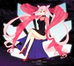  2011 adult bishoujo_senshi_sailor_moon black_lady chibi_usa crescent crossed_legs dated double_bun dress facial_mark forehead_mark hobak long_hair pink_hair red_eyes side_slit sitting solo twintails very_long_hair 