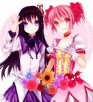  akemi_homura black_hair flower gloves ichioto kaname_madoka long_hair mahou_shoujo_madoka_magica pink_eyes pink_hair purple_eyes school_uniform twintails violet_eyes 