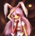  alternate_costume amanojaku animal_ears bad_id blush bunny_ears bust dress_shirt hand_on_head highres long_hair necktie open_mouth pink_hair red_eyes reisen_udongein_inaba shirt solo touhou 