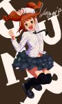 :d arm_up black_legwear brown_hair clenched_hands fist green_eyes idolmaster idolmaster_2 loafers navel necktie open_mouth over-kneehighs pettan_p plaid school_uniform shoes skirt smile solo takatsuki_yayoi tartan thighhighs twintails 