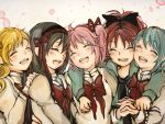  akemi_homura alice-yuki black_hair blonde_hair blue_hair blush bow closed_eyes eyes_closed female hair_ribbon hairband hand_holding happy holding_hands kaname_madoka long_hair mahou_shoujo_madoka_magica miki_sayaka multiple_girls open_mouth pink_hair red_hair redhead ribbon sakura_kyouko school_uniform short_hair smile tomoe_mami 