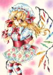  apple dress flandre_scarlet food fragran0live fruit solo striped striped_legwear striped_thighhighs the_embodiment_of_scarlet_devil thighhighs touhou 