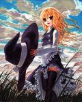  apron black_legwear blonde_hair bow braid buttons cloud clouds dress grass hair_bow hair_ornament hat kabaji kirisame_marisa long_hair sky solo thigh-highs thighhighs touhou traditional_media walking witch witch_hat zettai_ryouiki 