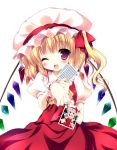  blonde_hair blush card cards dress fang flandre_scarlet futaba_miwa hat heart_card holding holding_card open_mouth picture_(object) purple_eyes red_dress side_ponytail solo the_embodiment_of_scarlet_devil touhou violet_eyes wings wink 