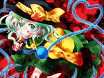  blood blood_on_clothes blood_on_face blood_splatter blood_stain bloody_clothes bow eyeball finger_to_mouth green_eyes green_hair grin hat heart heart_of_string komeiji_koishi open_mouth oyuki short_hair skirt smile solo teeth third_eye touhou 