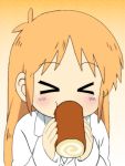  blush cake child eating food hakase_(nichijou) labcoat long_hair miso_(1755514) nichijou official_style onigiri orange_hair professor_shinonome 