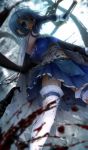  blood_on_clothes blood_on_face bloody_clothes blue_eyes blue_hair blurry cape cuts depth_of_field empty_eyes from_below gloves grin highres injury magical_girl mahou_shoujo_madoka_magica miki_sayaka mutsuki_(moonknives) navel short_hair smile sword teeth thigh-highs thighhighs torn_cape torn_clothes torn_thighhighs weapon white_gloves white_legwear zettai_ryouiki 