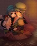  1girl ange_serena blue_hair bow brown_background buckle coat couple curly_hair fingerless_gloves gloves green_hair grey_eyes hand_on_shoulder hat highres pants payot pillow ponytail purizm ribbon shawl short_hair smile spada_belforma tales_of_(series) tales_of_innocence 