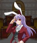  animal_ears bad_id be_(o-hoho) bunny_ears bust cosplay courtroom cravat crossover formal gyakuten_kenji gyakuten_saiban lavender_hair long_hair mitsurugi_reiji mitsurugi_reiji_(cosplay) red_eyes reisen_udongein_inaba smile solo suit touhou 