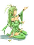  1girl barefoot bracelet breasts bridal_gauntlets capelet cleavage crescent_moon detached_sleeves dress earrings feet final_fantasy final_fantasy_iv green_dress green_eyes green_hair highres jewelry katatuki long_hair moon rydia sitting solo star stirrup_stockings stirrup_thighhighs stirrup_thighighs thighhighs wariza 