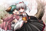  :d :o animal_ears blush bridal_gauntlets detached_sleeves dress flower green_eyes green_hair hand_on_own_chest hand_to_chest hat inubashiri_momiji japanese_clothes kasodani_kyouko kei_kei looking_back multiple_girls obi open_mouth red_eyes short_hair smile tail tassel tokin_hat touhou tree whispering white_hair wolf_ears wolf_tail 
