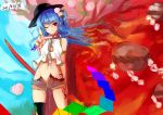  adapted_costume bare_shoulders blue_hair chain chains collar food fruit hat hinanawi_tenshi keystone light_smile long_hair midriff nanahara_fuyuki navel open_shorts peach red_eyes rock shide shimenawa short_shorts shorts solo sword torn_clothes touhou weapon wink 