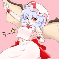  1girl ascot bat_wings blue_hair fang grin hat navel pose puffy_short_sleeves puffy_sleeves red_eyes remilia_scarlet short_hair short_sleeves smile solo star star-shaped_pupils symbol-shaped_pupils touhou uu~ wings wink wristband yamato_damashi 