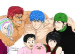  5boys arm_around_neck bird black_hair blue_hair blush coco_(toriko) dated green_hair grin komatsu_(toriko) looking_at_viewer multicolored_hair multiple_boys muscle nothiko open_mouth penguin pink_hair red_hair redhead rin_(toriko) shirtless short_hair signature simple_background smile sunny_(toriko) toriko toriko_(character) toriko_(copyright) toriko_(manga) toriko_(series) toriko_(toriko) turban zebra_(toriko) zebura_(toriko) 