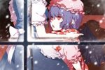  2girls aloin.g bat_wings fangs head_out_of_frame highres izayoi_sakuya lavender_hair maid_apron multiple_girls red_eyes remilia_scarlet scarf scarf_tying short_hair snow snowing touhou window wings 