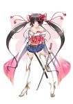  black_hair boots breasts butterfly_wings cleavage flower hair_flower hair_ornament highres japanese_clothes long_hair obi original red_eyes scabbard sheath solo sword thigh-highs thigh_boots thighhighs twintails weapon wings yuncha zettai_ryouiki 
