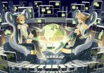  1girl blonde_hair blue_eyes boots chair choker cockpit detached_sleeves earth fingerless_gloves globe hair_bow headphones highres hologram holographic_globe holographic_monitor kagamine_len kagamine_len_(append) kagamine_rin kagamine_rin_(append) leg_warmers len_append midriff navel navel_cutout open_collar ponytail rin_append short_hair shorts siblings sitting space spacecraft_interior suya000 twins vocaloid vocaloid_append 