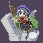  blue_eyes blue_hair drooling geung_si ghost graveyard grey_hair hat hitodama jiangshi lie-lilac miyako_yoshika ofuda open_mouth outstretched_arms saliva short_hair simple_background skirt smile solo sotoba tombstone touhou zombie_pose 