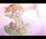  bow_(weapon) dress frills gloves hair_bow hair_ornaments highres kaname_madoka letterboxed magical_girl mahou_shoujo_madoka_magica pink_eyes pink_hair ribbon shishina smile solo twintails weapn 