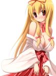  alternate_costume bare_shoulders blonde_hair bow breasts choker cleavage huge_breasts japanese_clothes kujiran large_breasts long_hair miko off_shoulder simple_background smile solo touhou yakumo_yukari 