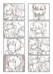  4koma and anger_vein bleeding blood blood_on_face breasts cleavage closed_eyes comic cuts drooling eyes_closed hair_bobbles hair_ornament hat highres injury large_breasts monochrome multiple_4koma multiple_girls onozuka_komachi open_mouth rod_of_remorse scolding scythe shikieiki_yamaxanadu short_hair sweatdrop touhou waking_up z 