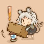  ! 1girl animal_ears arai_seiryuu basket box cardboard_box chibi frown grey_hair jeweled_pagoda jewelry lifting metal_gear metal_gear_solid mouse_ears mouse_tail nazrin necklace open_mouth parody pendant short_hair solo standing tail touhou |_| 