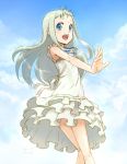  bare_shoulders blue_eyes blush dress face frilled_dress frills hands highres honma_meiko kneepits long_hair looking_at_viewer open_mouth outstretched_arm silver_hair sky smile solo toshi_(tsujigiri_style) 