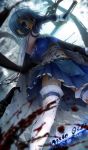  blood_on_clothes blood_on_face bloody_clothes blue_eyes blue_hair blurry cape cuts depth_of_field from_below gloves glowing highres injury madoka_runes magical_girl mahou_shoujo_madoka_magica miki_sayaka mutsuki_(moonknives) navel short_hair sword thigh-highs thighhighs torn_cape torn_clothes torn_thighhighs translated translation_request weapon white_gloves white_legwear zettai_ryouiki 