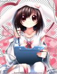  brown_hair bunny_ears checkered heart hoodie original pen red_eyes sitting solo stylus tablet thigh-highs thighhighs 