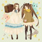  bad_id blush bow copyright_request dress hair_bow hand_holding holding_hands mia0309 multiple_girls star stuffed_toy suitcase thigh-highs thighhighs twintails zettai_ryouiki 