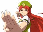  alternate_eye_color bad_id braid dress face fighting_stance foreshortening green_dress hands hat hong_meiling long_hair outstretched_hand pov_hands red_eyes red_hair redhead shiba_murashouji smile solo star touhou twin_braids 