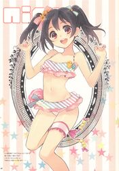  1girl black_hair blush bow character_name flower garter hair_bow happy ito_noizi long_hair love_live!_school_idol_project navel official_art open_mouth red_eyes smile solo star swimsuit twintails yazawa_nico 