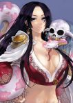  blue_eyes boa_hancock breasts bust cleavage earrings face highres horns jewelry lips long_hair midriff navel one_piece pisuke skull snake solo 