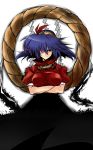  black_skirt blue_hair brown_eyes crossed_arms kasukazu large_breasts long_skirt shide shimenawa short_hair skirt smile solo touhou yasaka_kanako 