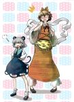  2girls animal_ears annoyed black_hair blonde_hair blush bow capelet closed_eyes daruia_(sabitare) dress eyes_closed fang fangs grey_hair hair_ornament hand_on_hip hands_on_hips hips mouse mouse_ears mouse_tail multicolored_hair multiple_girls nazrin o_o shawl short_hair standing tail tears tiger_print toramaru_shou touhou two-tone_hair 