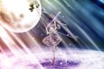  artist_request bow_(weapon) dress flower gloves hair_bow kaname_madoka magical_girl mahou_shoujo_madoka_magica moon pink_hair solo source_request twintails 