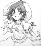  1girl :d animal_ears artist_name bust carrot clown_222 dress graphite_(medium) highres inaba_tewi looking_at_viewer monochrome necktie open_mouth rabbit_ears short_hair sketch smile solo touhou traditional_media v 