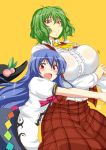  aoi_manabu ascot blue_hair breasts food fruit green_hair hat hat_removed headwear_removed hinanawi_tenshi hug huge_breasts kazami_yuuka large_breasts long_hair multiple_girls open_mouth peach plaid plaid_skirt plaid_vest red_eyes short_hair simple_background skirt skirt_set smile touhou yellow_background youkai 