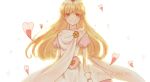  cosmic_(crownclowncosmic) dress gloves hat heart long_hair moriya_ririka nurse_angel nurse_angel_ririka_sos simple_background smile solo tears translated translation_request white_dress white_gloves yellow_eyes 