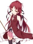  :&gt; bad_id black_legwear detached_sleeves face flat_chest hair_down long_hair magical_girl mahou_shoujo_madoka_magica pleated_skirt red_eyes red_hair redhead sakura_kyouko simple_background skirt smile soburi solo standing thigh-highs thighhighs very_long_hair zettai_ryouiki 