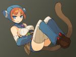 blue_eyes breasts breath_of_fire breath_of_fire_v fingerless_gloves gloves lin_(breath_of_fire) mota orange_hair simple_background smile solo tail thigh-highs thighhighs white_legwear
