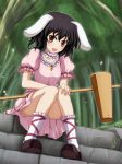  animal_ears black_hair brown_eyes bunny_ears carrot collarbone dress frills highres inaba_tewi jewelry leg_ribbon legs mallet necklace open_mouth outdoors pendant ribbon_choker short_hair sitting sitting_on_stairs smile solo stairs touhou vfenster white_legwear 