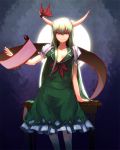  breasts cleavage desk dress ex-keine full_moon green_hair horn_ribbon horns kamishirasawa_keine moon multicolored_hair nosuku red_eyes ribbon scroll smile solo touhou two-tone_hair white_hair 