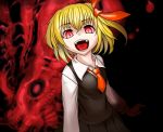  blonde_hair darkness dress fangs hair_ribbon necktie open_mouth qbthgry red_eyes ribbon rumia short_hair slit_pupils solo the_embodiment_of_scarlet_devil touhou vest youkai 