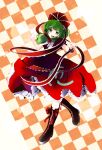  :d boots bow breasts checkered checkered_background cleavage colored cross-laced_footwear dress frills front_ponytail green_eyes green_hair hair_bow heart highres ishikkoro kagiyama_hina lace-up_boots large_bow long_hair open_mouth ribbon smile solo touhou yume_shokunin 