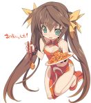  blade_(artist) bracelet brown_hair china_dress chinese_clothes chopsticks fang food green_eyes huang_lingyin infinite_stratos jewelry long_hair no_socks open_mouth simple_background solo twintails 