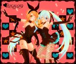  bad_id boots elbow_gloves fishnet_pantyhose fishnets gloves hair_ribbon hatsune_miku heart kagamine_rin long_hair microphone microphone_stand multiple_girls pantyhose ribbon simple_background skirt star thigh-highs thigh_boots thighhighs twintails v very_long_hair vocaloid wink 