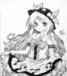  1girl blush bow bust clown_222 dress food fruit graphite_(medium) hat highres hinanawi_tenshi long_hair looking_at_viewer monochrome open_mouth peach sketch smile solo touhou traditional_media very_long_hair 