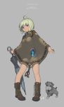  bare_legs blue_eyes boots copyright_request crystal dog goggles goggles_around_neck green_hair jewelry kkuem necklace pigeon-toed pigeon_toed poncho short_hair simple_background solo umbrella 